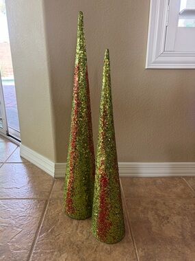 Kirklands Glitter Cone Christmas Holiday Tree Décor, Det of 2, LIKE NEW